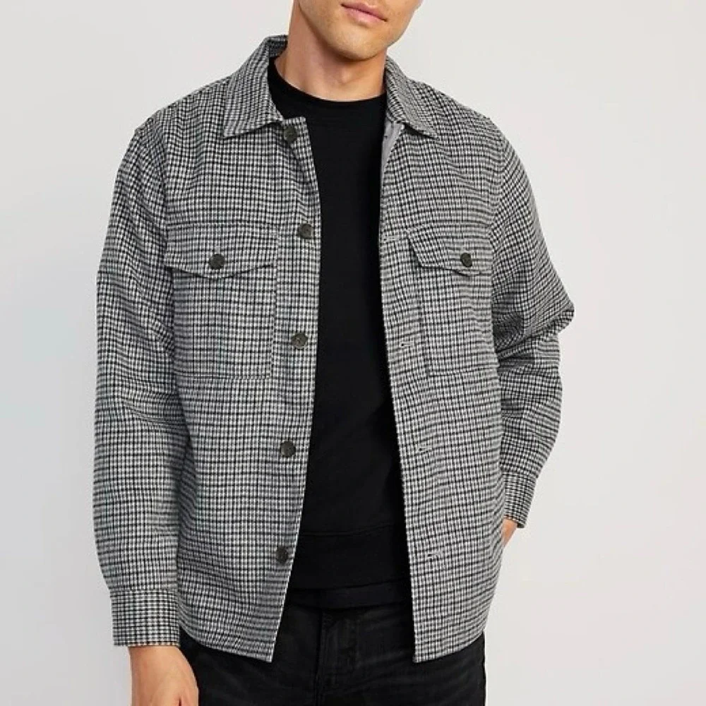 NWOT Old Navy Mens Grey Houndstooth Button Front Lined Shirt Jacket Shacket L